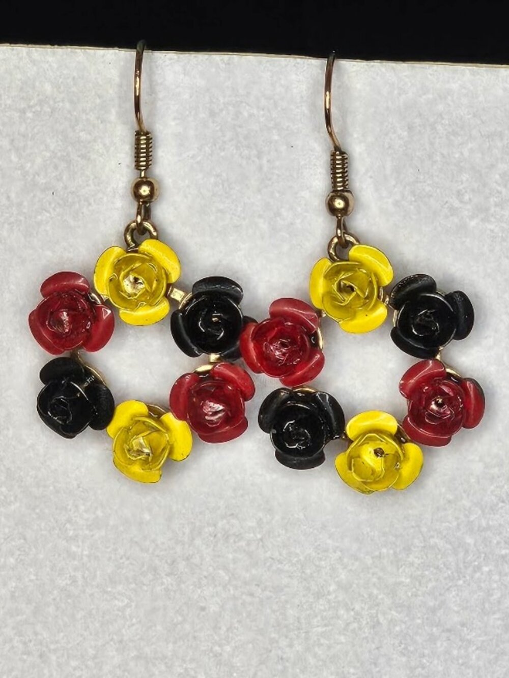 Vintage Estate Enamel Multi-Color Rose Flower Cluster Dangle Earrings